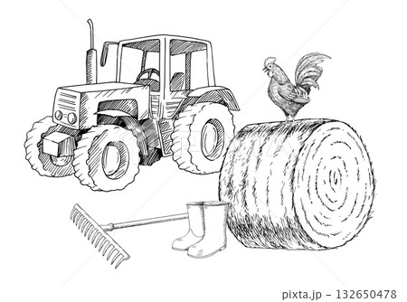Tractor and the rooster on a haystack, boots and rake. Vector ink styled handmade illustration. For packaging design, cards, cover, prints, product labels and fabric. 132650478