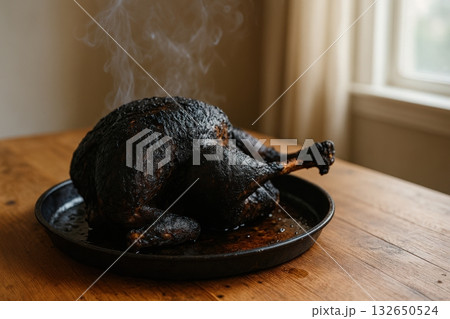 Burnt roasted turkey in a pan on a wooden table with steam rising 132650524