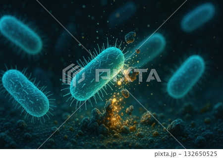High-Resolution Representation of Microscopic Bacteria in Action, Featuring Vibrant Colors High-Resolution Representation of Microscopic Bacteria in Action, Featuring Vibrant Colors 132650525