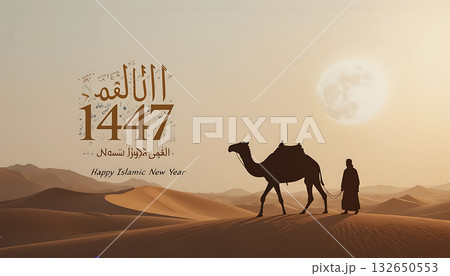 Camel caravan in desert at sunset with islamic new year greeting hijri 1447 landscaping background image 132650553