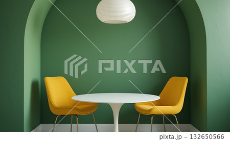 Modern Dining Nook with Two Yellow Chairs and White Table Keywords dining nook, modern interior Modern Dining Nook with Two Yellow Chairs and White Table Keywords dining nook, modern interior 132650566