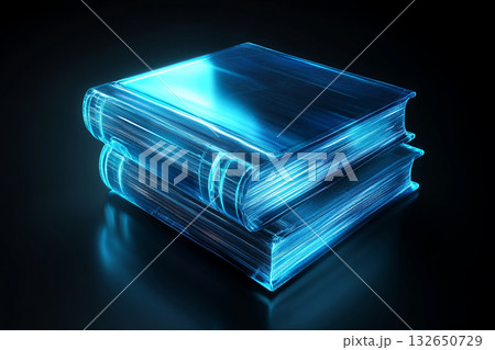 Transparent glowing books stacked on a reflective surface, showcasing a futuristic design with blue light effects, symbolizing knowledge and innovation in digital literature 132650729