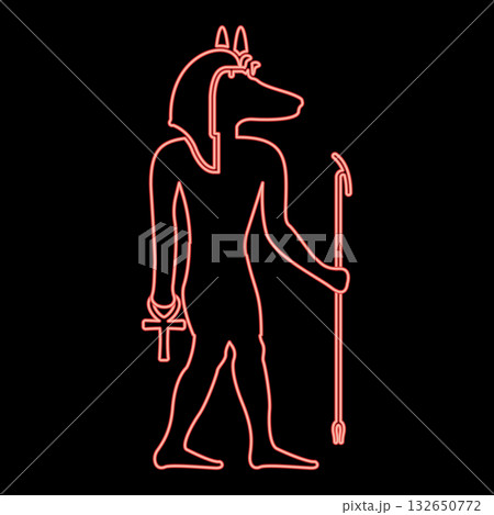 Neon anubis deity with jackal head ancient Egyptian god holds staff and anch cross silhouette mythical red color vector illustration image flat style 132650772