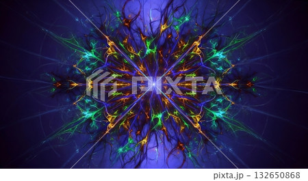 Neon fractal bloom radiating multicolored light. Neon fractal bloom radiating multicolored light. 132650868