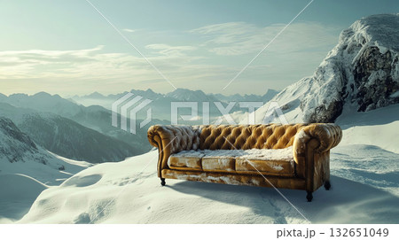 Vintage leather sofa placed on a snowy mountain landscape, surrounded by majestic peaks and a serene sky, creating a striking contrast of comfort and wilderness 132651049