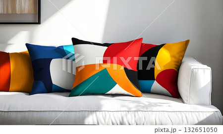 Colorful decorative pillows arranged on a modern white sofa in a bright living room, showcasing vibrant patterns and textures, enhancing interior design aesthetics Colorful decorative pillows arranged on a modern white sofa in a bright living room, showcasing vibrant patterns and textures, enhancing interior design aesthetics 132651050