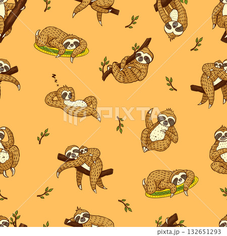 Seamless pattern with cute sloth characters in hand drawn style. Different poses, hanging, eating 132651293