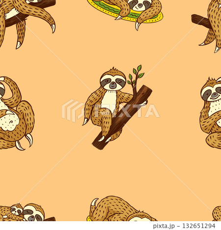 Seamless pattern with cute sloth characters in hand drawn style. Different poses, hanging, eating Seamless pattern with cute sloth characters in hand drawn style. Different poses, hanging, eating 132651294
