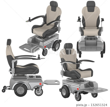 Motorized power chair, electric wheelchair four views. 3D rendering Motorized power chair, electric wheelchair four views. 3D rendering 132651324