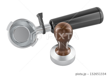 Portafilter and wooden coffee tamper for espresso machine. 3D rendering 132651334
