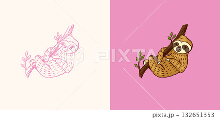 Cartoon sloth character in hand drawn style. Cute animal for kids clothes design for sleeping or 132651353