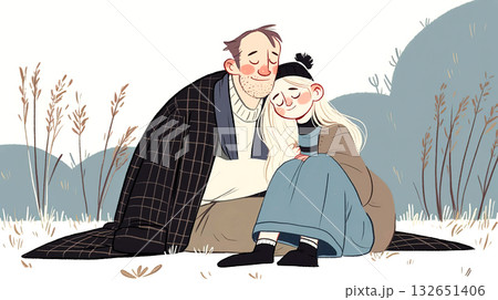 Couple enjoying a cozy moment together, wrapped in a blanket, sitting on the ground surrounded by grass and gentle hills, conveying warmth and affection in a serene outdoor setting 132651406