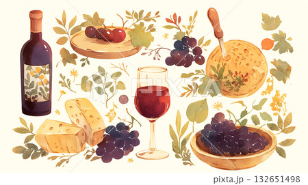 Colorful watercolor illustration featuring wine, cheese, grapes, and foliage, creating a vibrant and inviting atmosphere for culinary and lifestyle themes 132651498