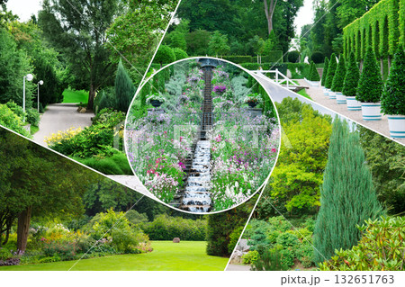 Collage of European Public Park Scenes with Central Flower Cascade Collage of European Public Park Scenes with Central Flower Cascade 132651763