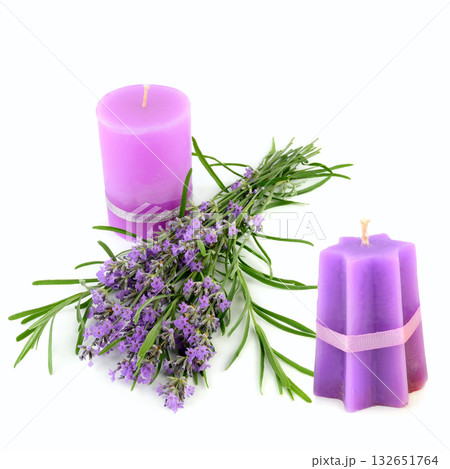 Bouquet of Lavender and Purple Aromatic Candles on White Background Bouquet of Lavender and Purple Aromatic Candles on White Background 132651764
