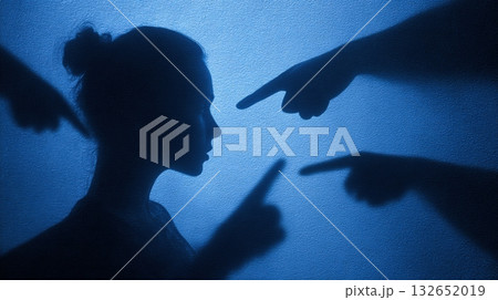 Emotional Judgment Concept: Woman's Profile with Pointing Fingers in Blue Tone 132652019