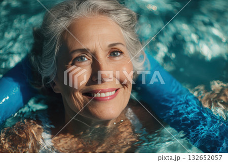 Elderly Woman Smiling in Pool with Blue Float Noodle in Natural Light 132652057