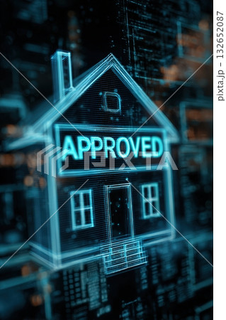 Futuristic Digital Mortgage Approval with Holographic 3D Home Projection Futuristic Digital Mortgage Approval with Holographic 3D Home Projection 132652087
