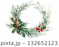 Watercolor illustration of a wreath with red berries, holly leaves and fir tree branches 132652123