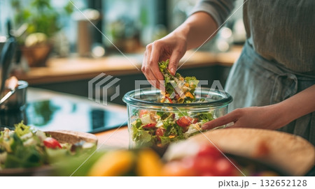 Woman Disposing Uneaten Salad in Kitchen, Highlighting Food Waste Woman Disposing Uneaten Salad in Kitchen, Highlighting Food Waste 132652128