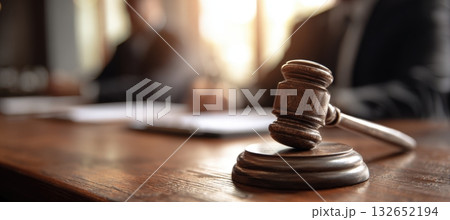 Wooden Gavel on Courtroom Table with Professionals in Background Wooden Gavel on Courtroom Table with Professionals in Background 132652194