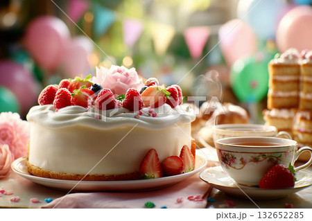 Celebration Cake with Berries and Tea Cups at an Outdoor Garden Party Celebration Cake with Berries and Tea Cups at an Outdoor Garden Party 132652285