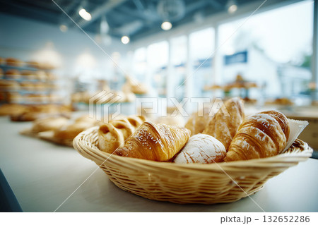 Freshly Baked Croissants and Pastries in a Bright Bakery Setting Freshly Baked Croissants and Pastries in a Bright Bakery Setting 132652286