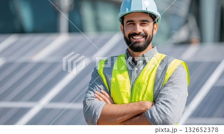 Middle Eastern Solar Engineer Smiling on Rooftop Solar Installation Middle Eastern Solar Engineer Smiling on Rooftop Solar Installation 132652378