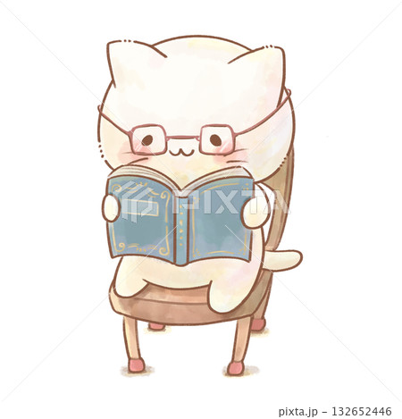 水彩で描いた本を読むメガネ猫のイラスト／雑誌コラムやブログの挿絵に使えるナチュラル素材 132652446
