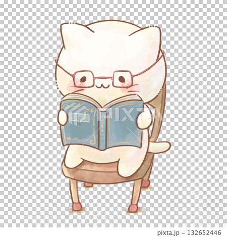 水彩で描いた本を読むメガネ猫のイラスト／雑誌コラムやブログの挿絵に使えるナチュラル素材 132652446
