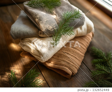A cozy woolen three beige brown white folded sweaters crafted from thick wool A cozy woolen three beige brown white folded sweaters crafted from thick wool 132652449