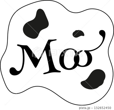 Black and white vector logo with moo en cow spots. Perfect for dairy brands, farms, cheese, yogurt, or children s products. Stylish minimalist design for packaging, freshness, quality, natural vibe. 132652450