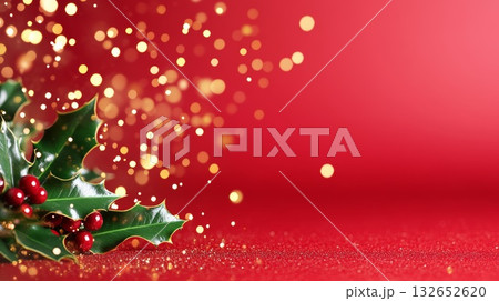 Glittery red surface with green holly leaves and golden bokeh for festive New Years and Christmas celebrations 132652620
