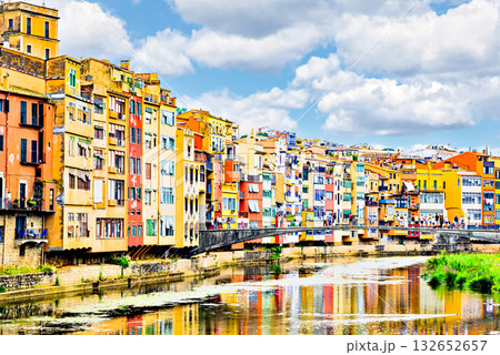 Colorful houses along the Onyar River, also known as hanging houses, in the city of Girona, Catalonia, Spain Colorful houses along the Onyar River, also known as hanging houses, in the city of Girona, Catalonia, Spain 132652657
