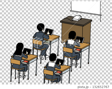 一張照片顯示四名男女學生正在使用平板電腦和投影機上課。 一張照片顯示四名男女學生正在使用平板電腦和投影機上課。 132652767