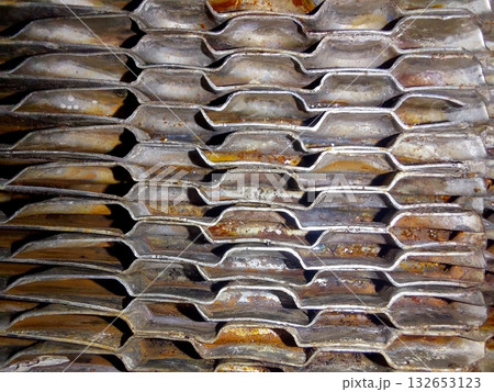 View of an Industrial Plate Heat Exchanger Showing Detailed Plate Pack Assembly 132653123