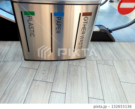Trash Can With Inscriptions for Waste Segregation Located in a Modern Indoor Area Trash Can With Inscriptions for Waste Segregation Located in a Modern Indoor Area 132653136