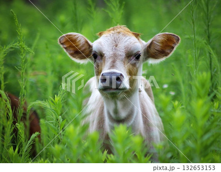 A cute calf with curious eyes peeks through lush green foliage in a vibrant field. Concept of: Rural innocence. A cute calf with curious eyes peeks through lush green foliage in a vibrant field. Concept of: Rural innocence. 132653153