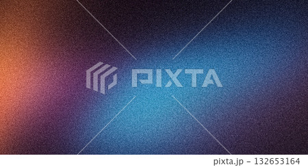 Grainy background, orange blue abstract glowing color gradient spotlights on black dark backdrop, noise texture banner poster header design 132653164