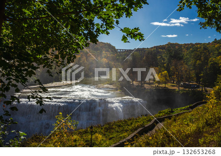Scenic autumn view of Middle Falls at Letchworth State Park in New York with a bridge in the background 132653268