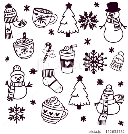 A set of black and white outline icons doodles on the theme of winter and New Year s holidays. Includes snowmen in hats, Christmas trees, snowflakes, candy canes, knitted elements. A set of black and white outline icons doodles on the theme of winter and New Year s holidays. Includes snowmen in hats, Christmas trees, snowflakes, candy canes, knitted elements. 132653382