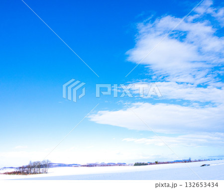冬の青空が広がる北海道美瑛町の雄大な風景 冬の青空が広がる北海道美瑛町の雄大な風景 132653434
