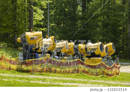 Snow-making machines in Bukovel ski resort in Carpathian Mountains in summer 132653514