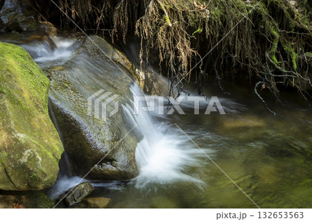 A mountain waterfall among rocks in the Carpathian Mountains in summer 132653563