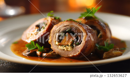 Stuffed Rolled Meat with Mushrooms, Spinach, and Creamy Filling in Rich Sauce 132653627