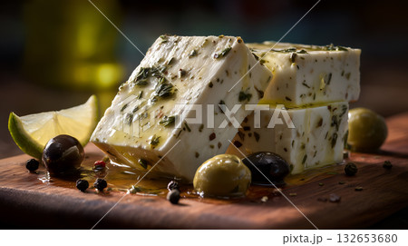 Feta Cheese with Herbs, Olives, Mint, and Lemon on Mediterranean Platter Feta Cheese with Herbs, Olives, Mint, and Lemon on Mediterranean Platter 132653680