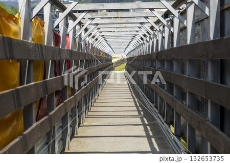 perspective view of a corridor made of planks outdoor 132653735