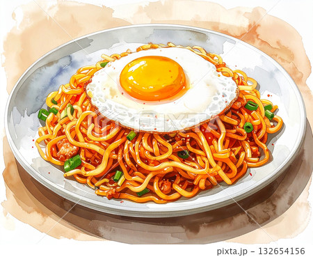 目玉焼きをのせた焼きそば 132654156