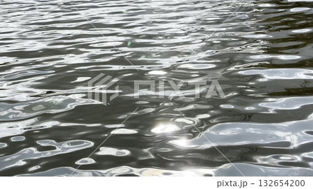 Scenery surface of pond illuminated by sun at summertime. Calm view on sea with small waves at sunny day. Beautiful summer nature landscape. Concept of tranquility scene. Slow motion 132654200