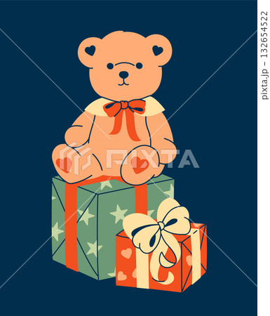 A retro clip art illustration of a cute teddy bear sitting on top of a stack of gifts with a heart. An isolated playful graphic element for birthdays and holidays. 132654522